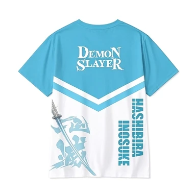 Hashibira Inosuke Breathable Mesh Light Blue and White Contrast Beast Breath Anime Printed Casual Street Style T-shirt
