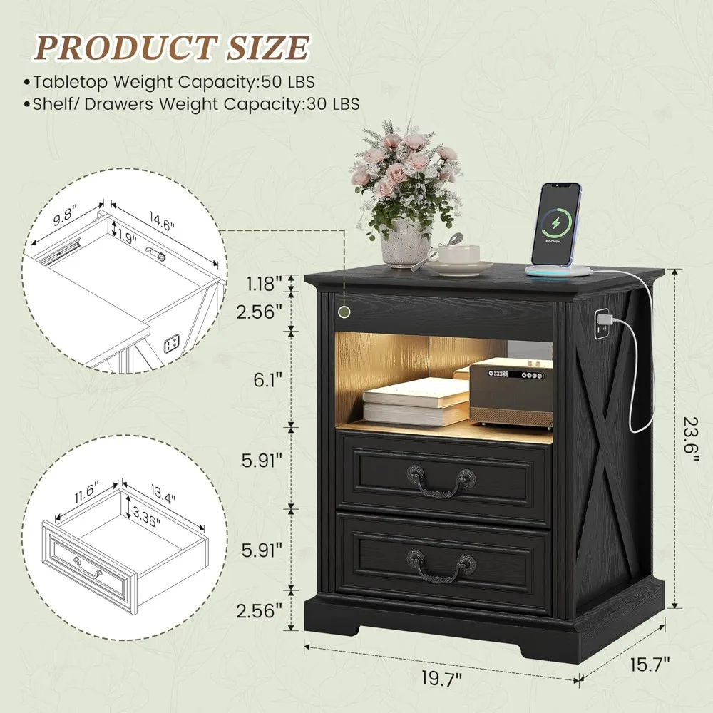 منضدة سوداء مع درج مسدس، طاولة بجانب السرير مع قاعدة شحن، حامل ليلي مع ضوء LED ومستشعر بشري، طاولة نهائية واي فاي #2