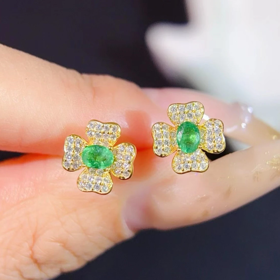 

925 Silver Flower Stud Earrings 3mm*4mm Natural Emerald Earrings with Certificate 18K Gold Plated Silver Jewelry