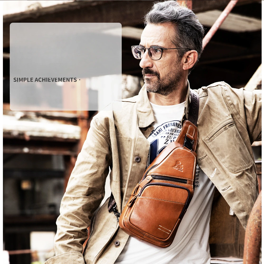 Men's sports chest bag cowhide men's bag genuine leather shoulder crossbody bag fashionable large capacity wear-resistant