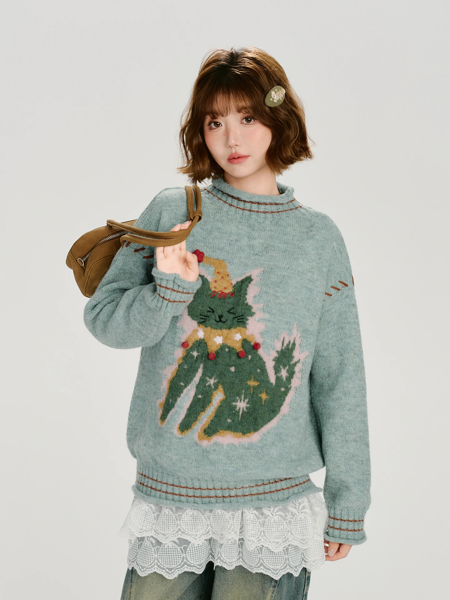 

Женский свитер в американском ретро-стиле с вышивкой животных, свободный крой, круглый вырез, осенне-зимняя новинка, повседневный, удобный