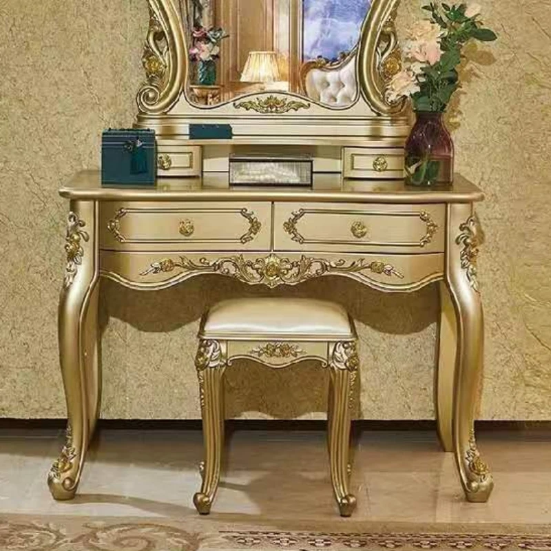 

#w Champagne Gold Vanity Table Vintage Carved American Luxury Makeup Mirror Integrated Desk Golden Dressing Table&