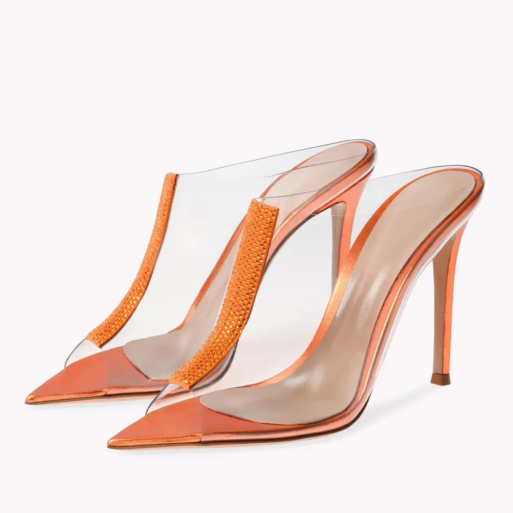 Sandalias de PVC para mujer, zapatos de tacón alto con suela puntiaguda, para vestido de fiesta de boda, color naranja y plateado, tacones personalizados