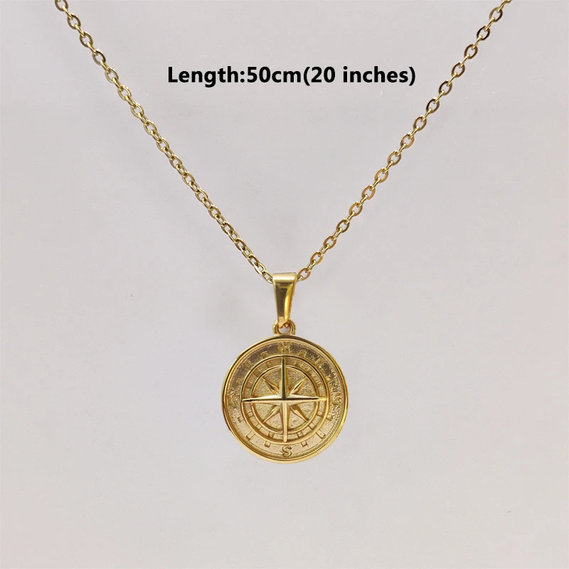 Collier pendentif boussole en acier inoxydable plaqué or 18 carats - Conception de pièce ronde pour hommes et femmes, cadeau de bijoux unisexe étanche