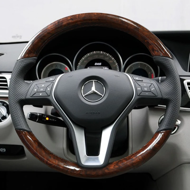 DIY Hand-Stitched Peach Wood Carbon Leather Car Steering Wheel Cover for Mercedes-Benz GLK Class GLK220 GLK260 GLK300 GLK350