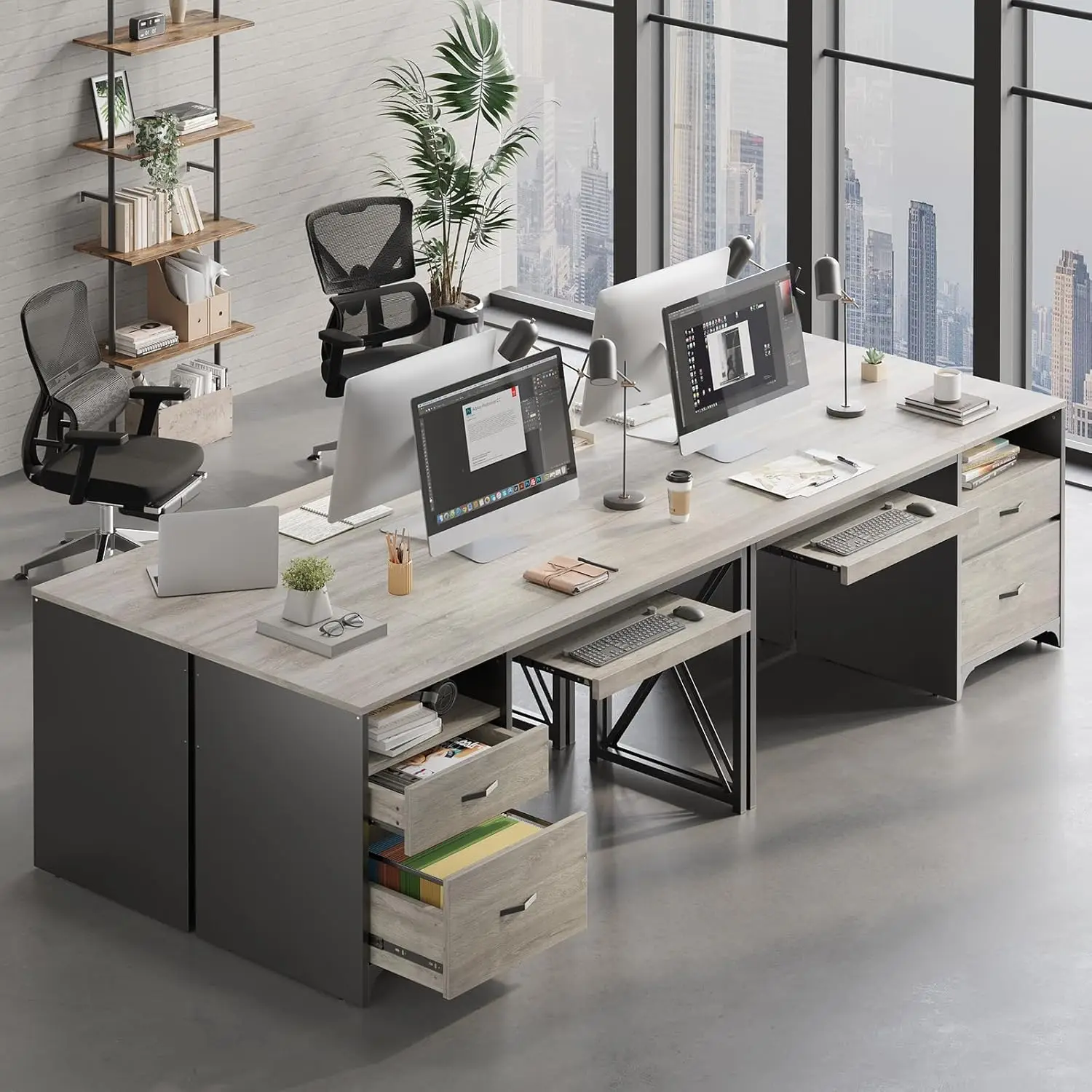 Bestier Office Desk With Drawers, 55 Inch Industrial Computer Desk With Storage, Wood Teacher Desk With Keyboard Tray & File