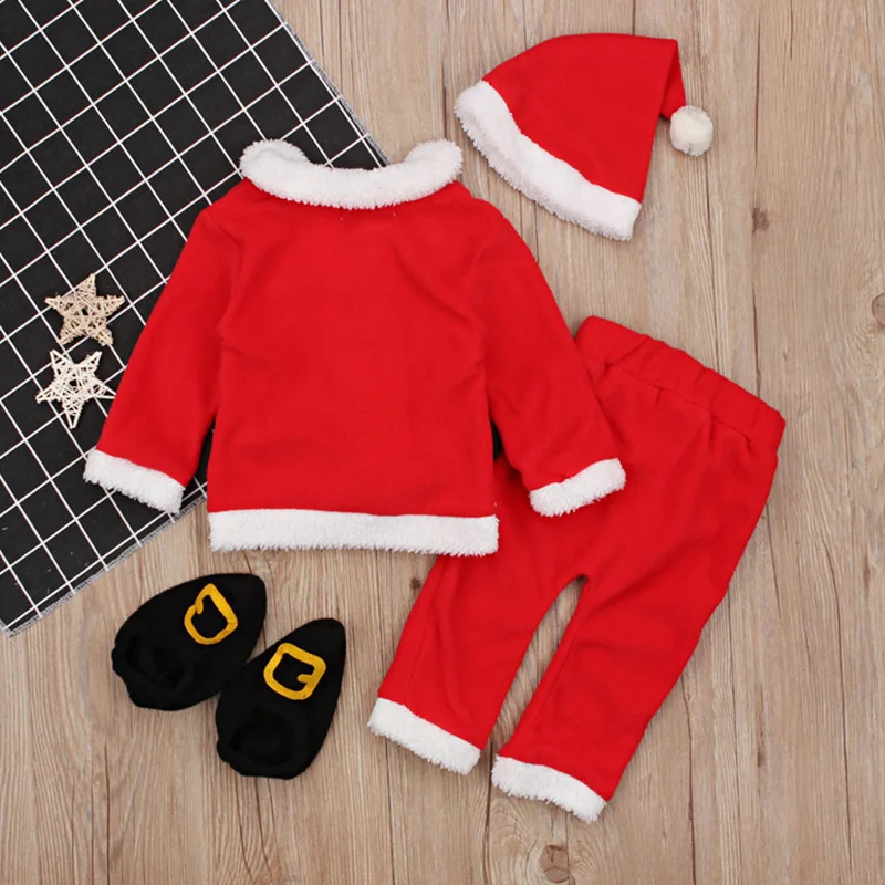 Disfraz de Navidad para niños recién nacidos, abrigo de forro polar, pantalones, sombrero y zapatos, trajes de Papá Noel de felpa, ropa de Navidad para bebés de 3 a 24M, 4 piezas por juego