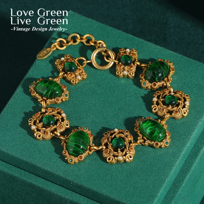 

Vintage Charm Bracelet Green Glass Bohemian Jewelry Woman Antique Gold Color Rhinestone Accessories Mothers Day Gift 2025 Trend