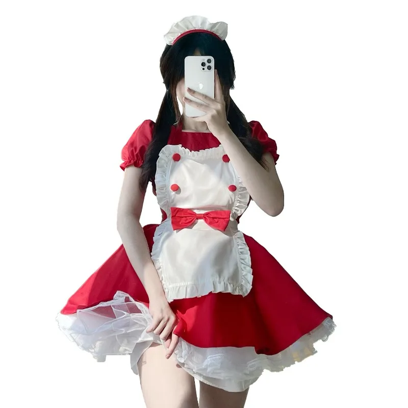 

Sweet Cute Short Lace Maid Cosplay Dress Elegant Bow Servant Lolita Outfit, Halloween Party Role Play Costume Daily Casual Wear