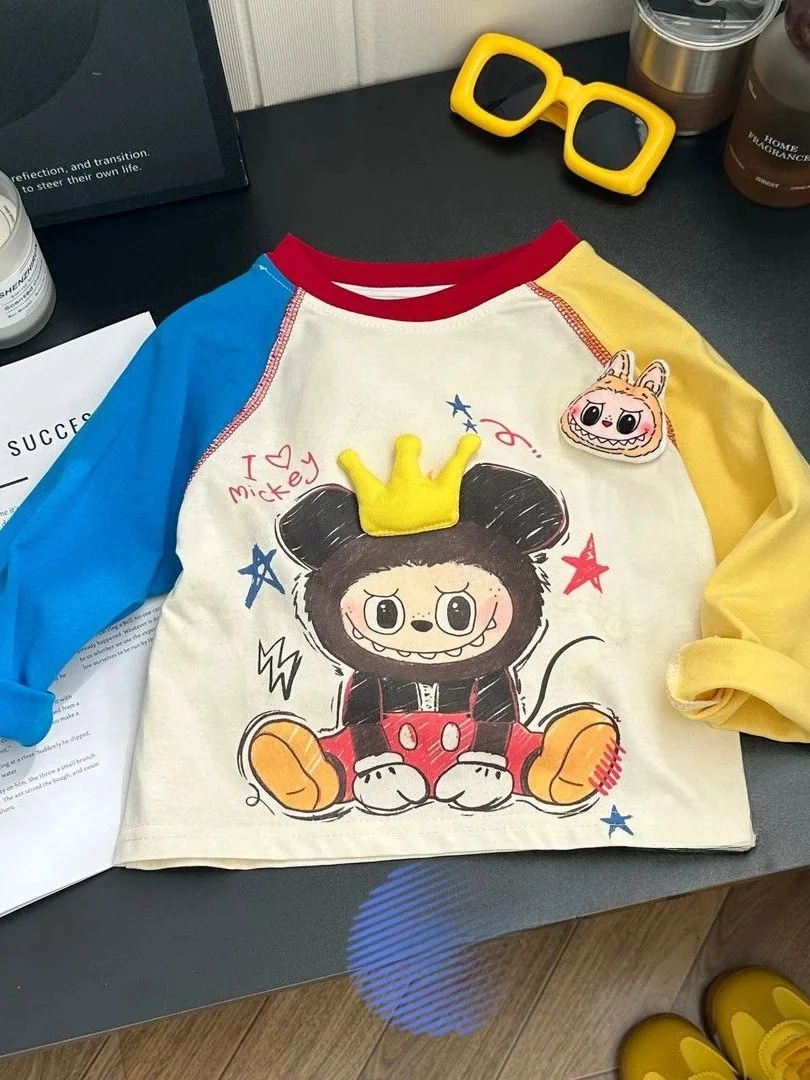 Maglietta Lunga Coreana per Ragazze con Patchwork Colorato, Base in Cotone, Novità Autunnale alla Moda per Bambini...