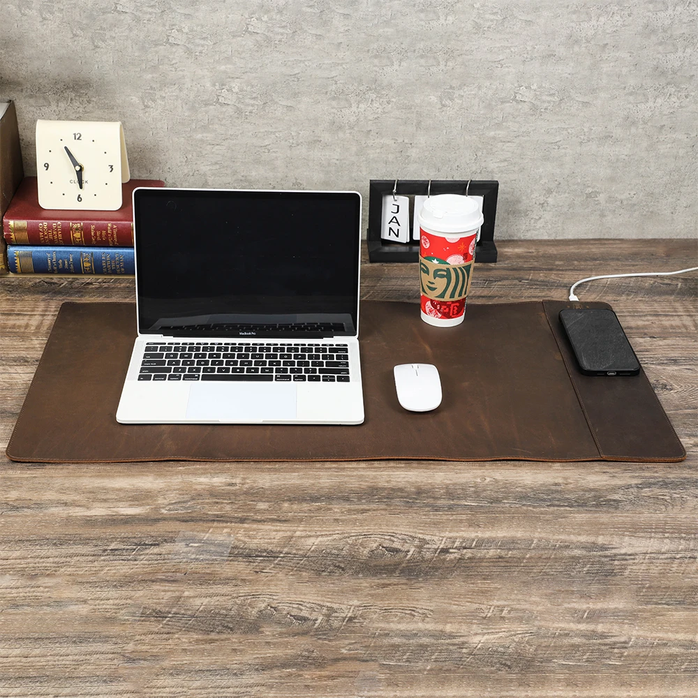 Genuine Leather Mouse Pad With Phone Qi Wireless Charging For Xiaomi Samsung Galaxy Huawei Type USB C 15W Fast Charging Desk Mat