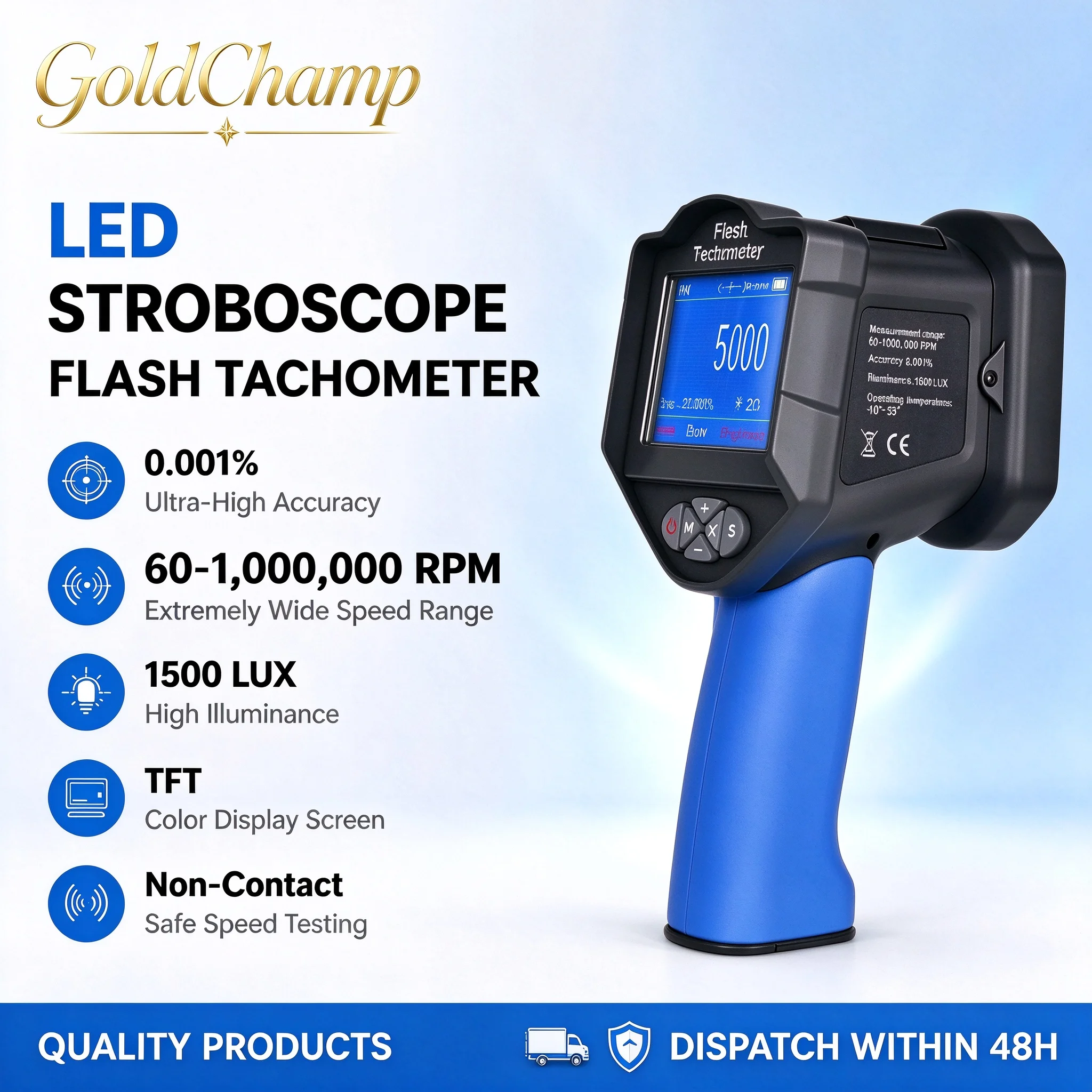 High Accuracy LED Stroboscope, Digital Tachometer Flash Light, 60-1M FPM, TFT Screen, Portable, for HVAC/Printing/Textile.