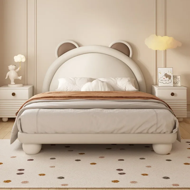 Children's furniture Children's bed Boys Teen Solid wood leather bed Cartoon bear room bed