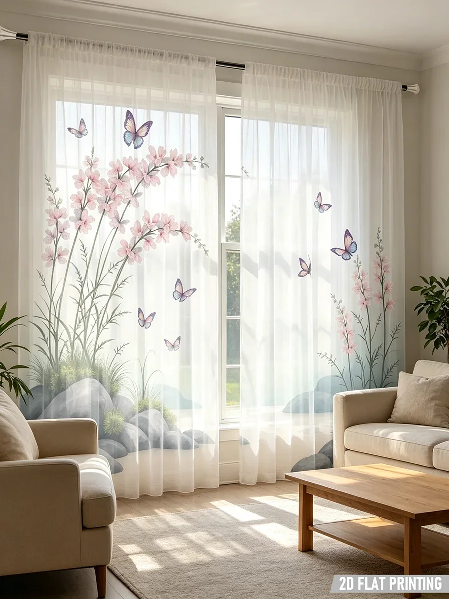 2PCS Digital Print Sheer Curtain, Mountain Stream Stone, Nature Landscape Zen - Voile Drapes for Bedroom Living Room Decor