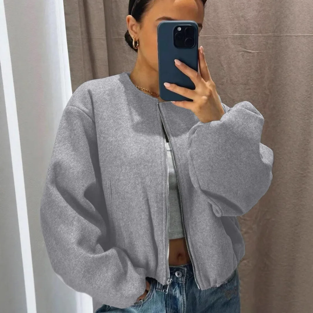 코트 솔리드 지퍼 가디건 여성용 O넥 재킷 긴 소매 스플라이스 포켓 루즈핏 가을 2025 캐주얼 약간의 신축성