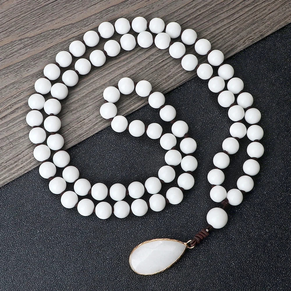 New 108 Mala White Porcelain Beaded Bracelet Prayer Healing Water Drop Pendant Necklace Women Men Elastic Bangles Jewelry Gift