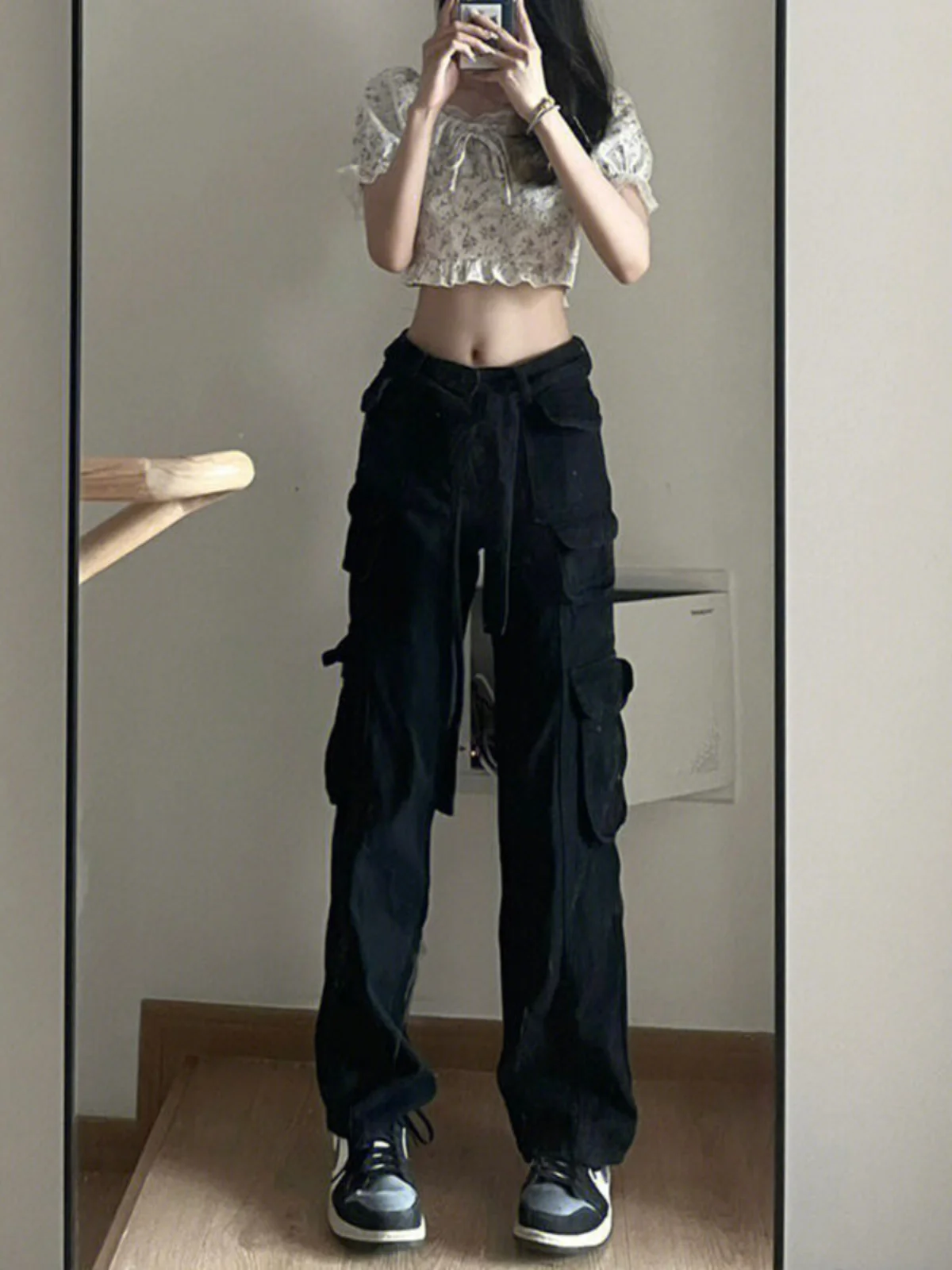 

Свободные прямые джинсовые брюки для спецодежды с высокой талией, черные повседневные широкие брюки длиной до пола, женские джинсы для уличных танцев в стиле хип-хоп