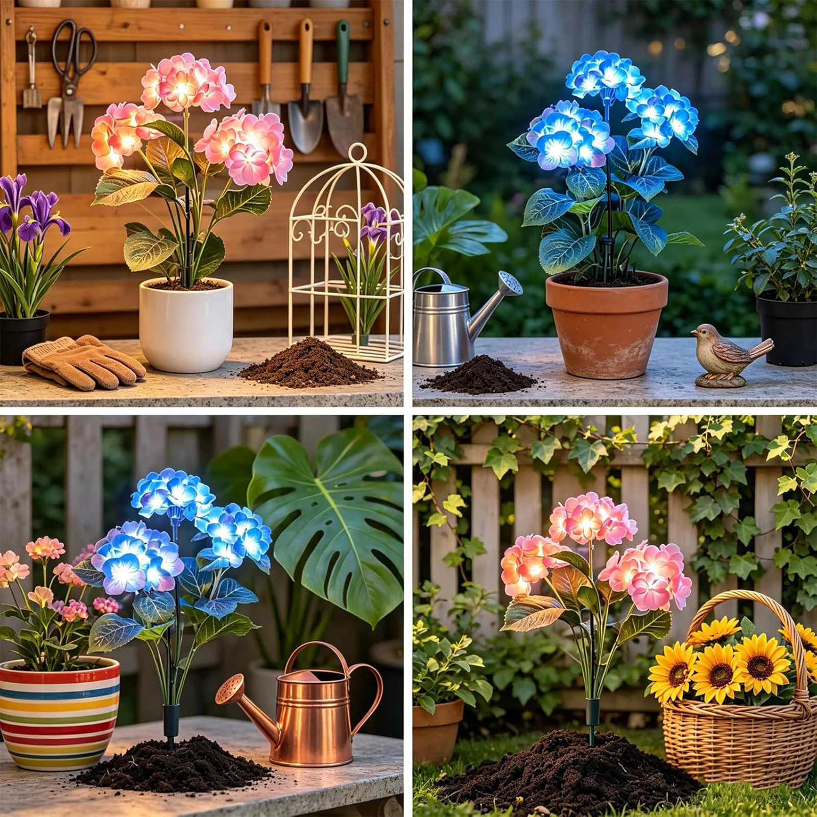3-Head Fairy Hydrangea Lights Solar Powered Hydrangea Flower Light LED Flowers Stake Lights for Patio Yard Decor