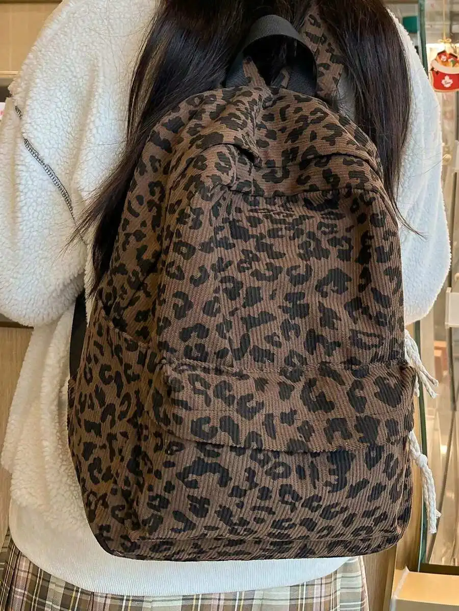 

Brown Leopard Print Corduroy Backpack Large Capacity Casual Travel School Bag For Women