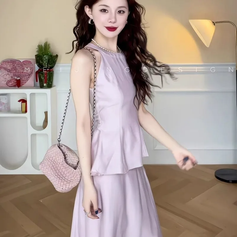 

New Two Piece Set Women Summer Fashion Halter Neck Sleeveless Lace Up Slim Waist Vest Top + High Waist A-line Skirt Elegant Suit