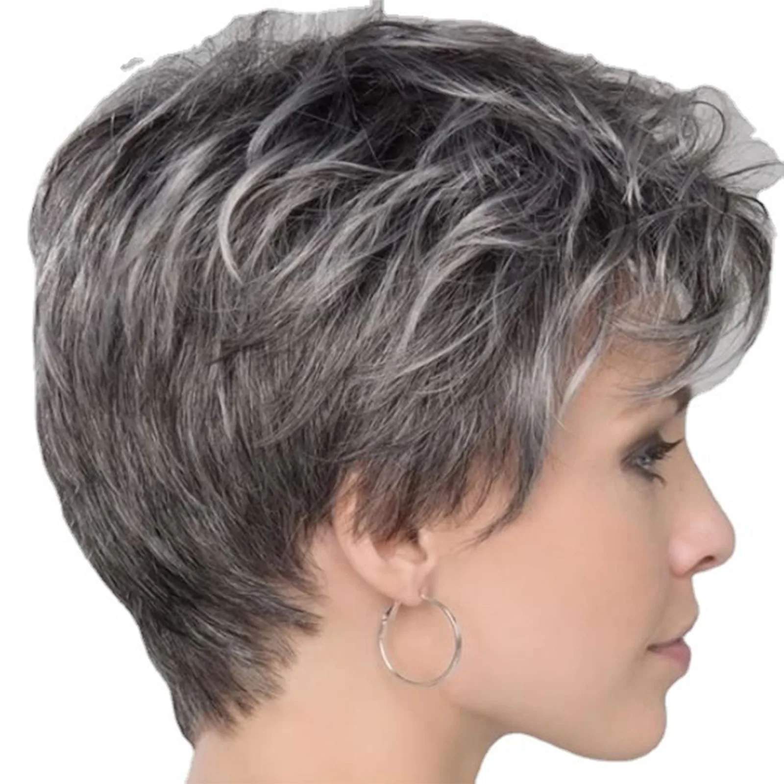 Synthetic Gradient Silver Gray Synthetic Short Hair Mother Headgear Wig Oblique Bangs High-End Hair Set Heat-Resistant Wig