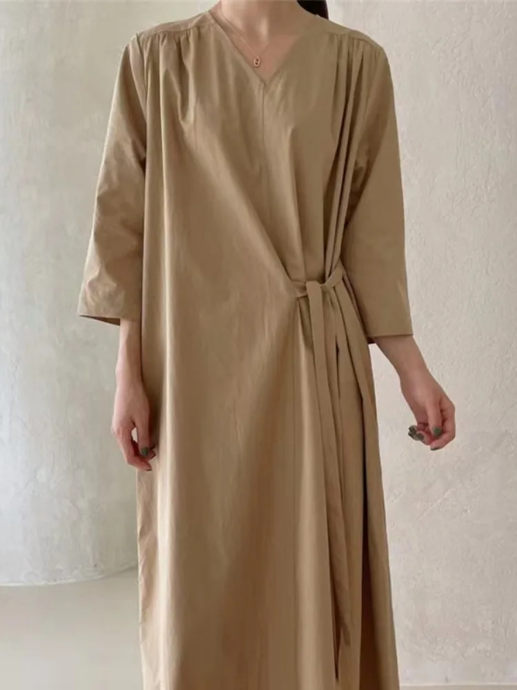 Chique losse afslankende zevenkwart Sve Dr dames lente V-Ne stropdas casual irt lange Dr Koreaanse Sle vrijetijdskleding