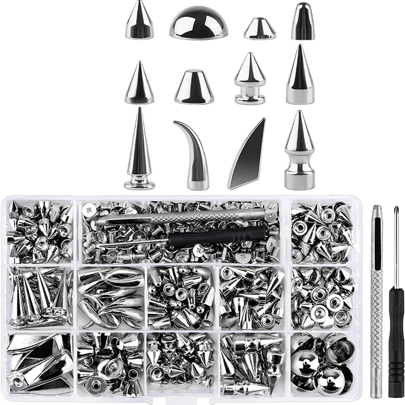 270Set Spikes And Studs,Mixed Shape Punk Spike Rivets Metallic Cone Screw Back Studs With Install Tool For Leather Craft