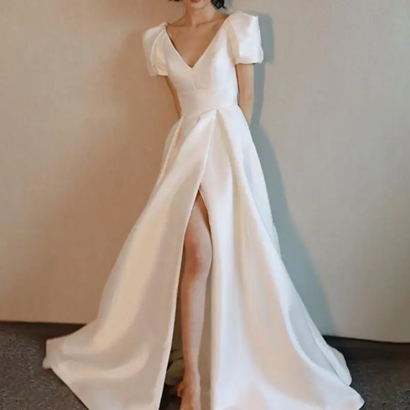 Abiti da sposa in raso con scollo A v manica corta abito da sposa Sexy senza schienale diviso elegante lungo una linea semplice Vestidos De Novia