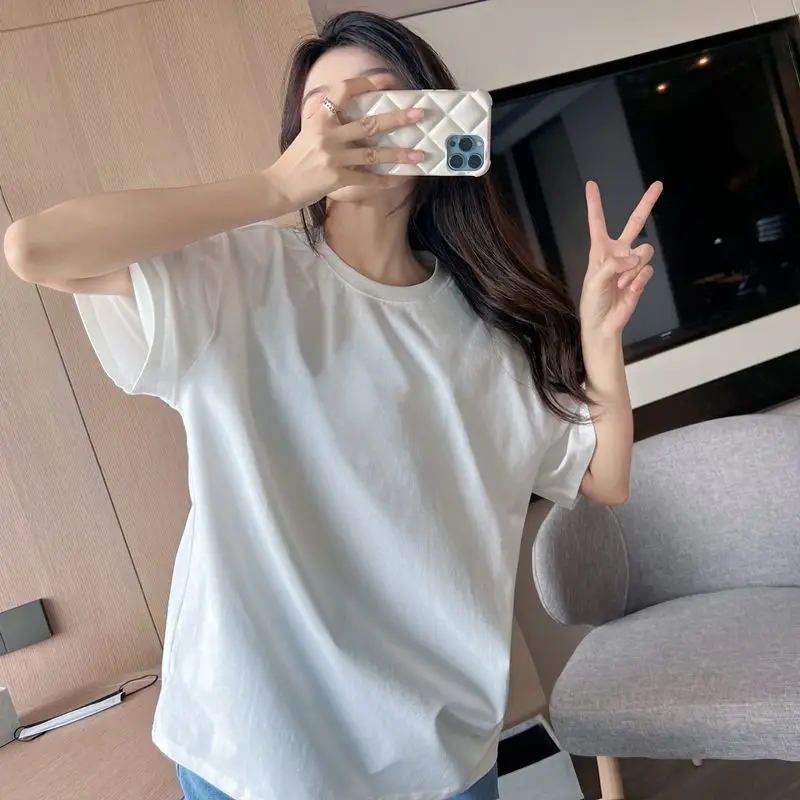 Women Short Sleeved T-shirt Monochromatic Round Neck Black and White Loose and Versatile Casual Pure Cotton Top New Summer