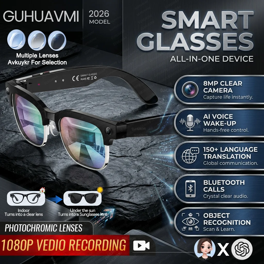 

New HOT Business Smart Glasses Men 800W 4K HD Camera 1080P Shooting 150+Translation AI Chat Call Waterproof Windproof Sunglasses
