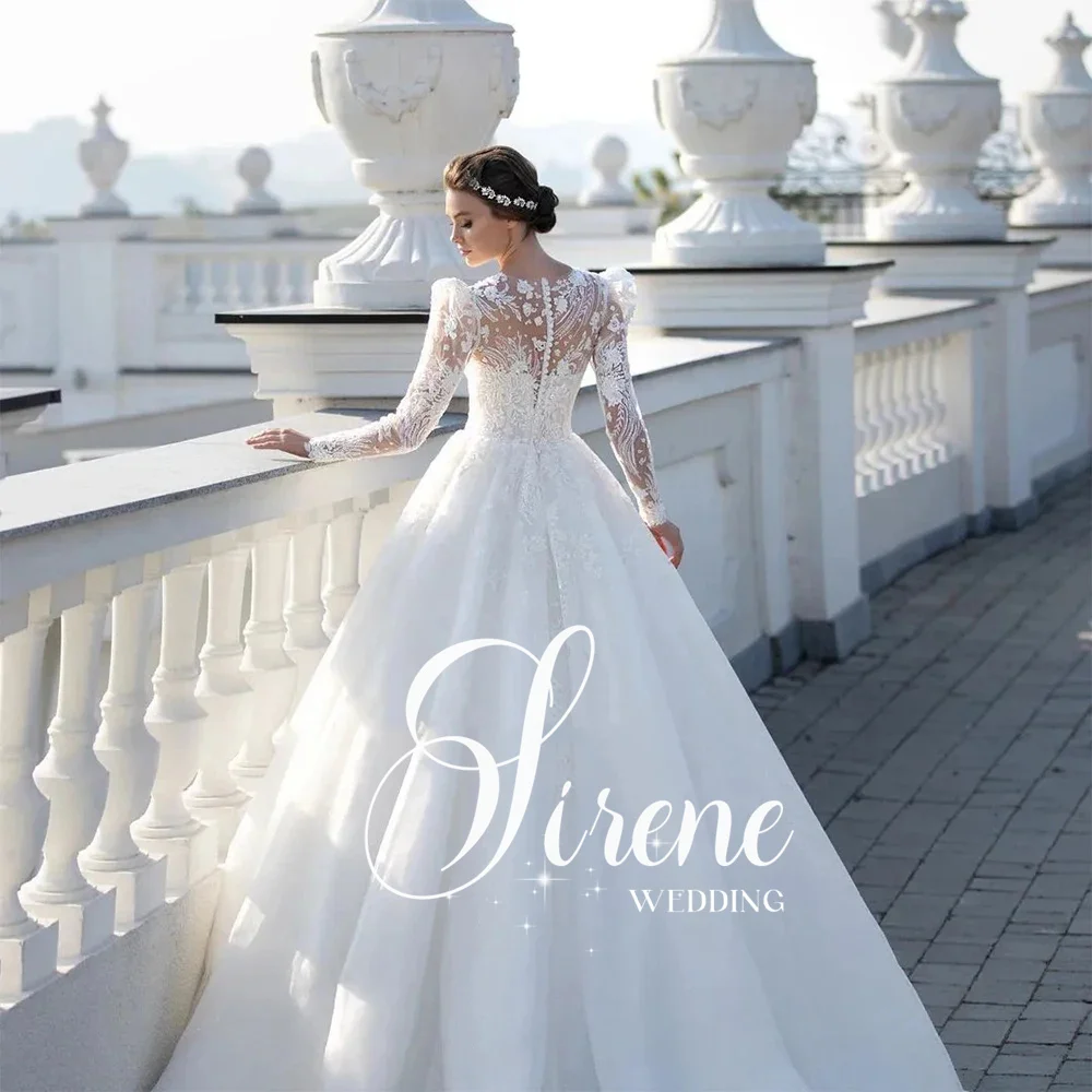 Sirene Modern Fluffy Wedding Dresses For Women Lace Applique Bridal Ball Gowns Elegant Long Sleeves A-line Beach Princess 2024