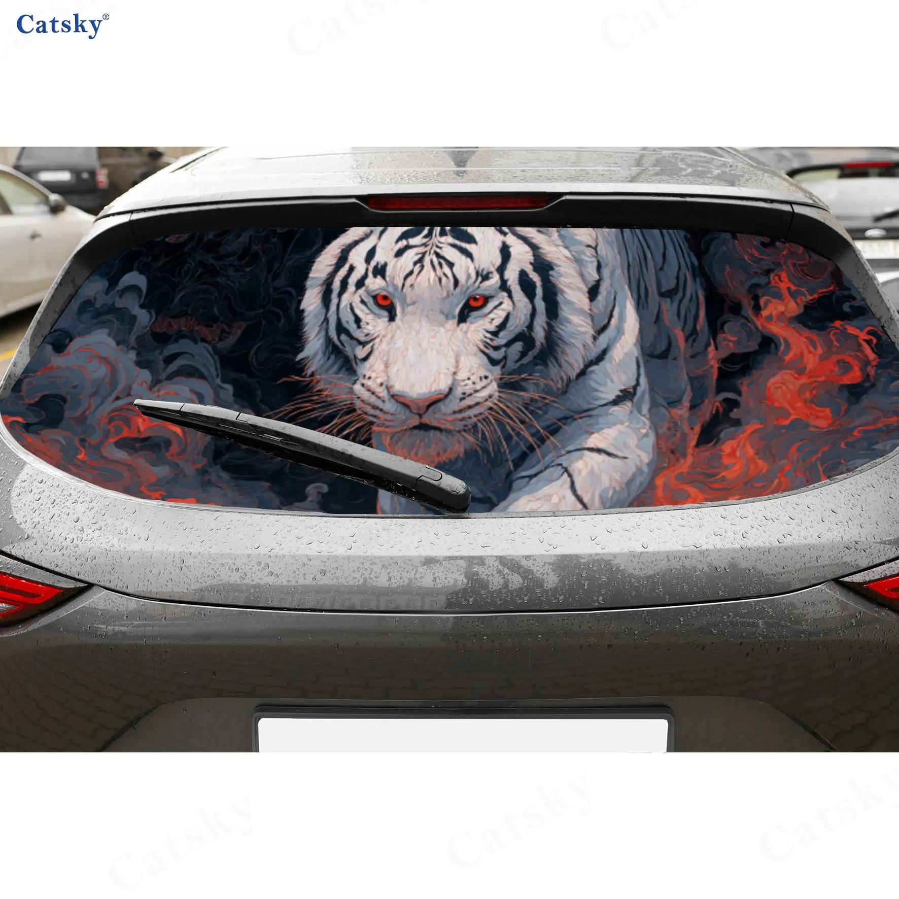 

White Tiger's Gaze with Fire Effects PVC Perforated Car Vinyl Wraps, Durable Car Rear Windshield Sticker, Waterproof Car Rear Wi