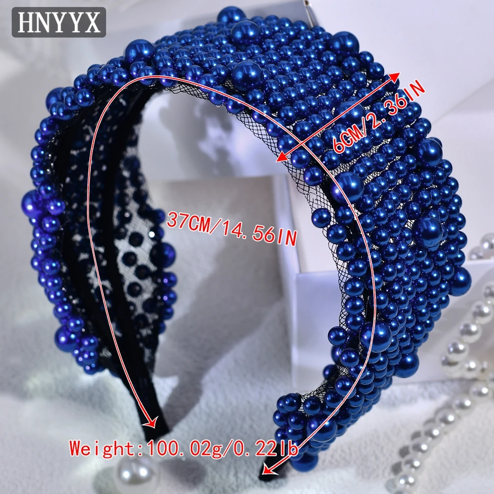 HNYYX Elegant For Women Retro Pearl Wide Headband Girls Headwear Fashion Large Beaded Party Birthday Gift Hair Piece A153-Blue