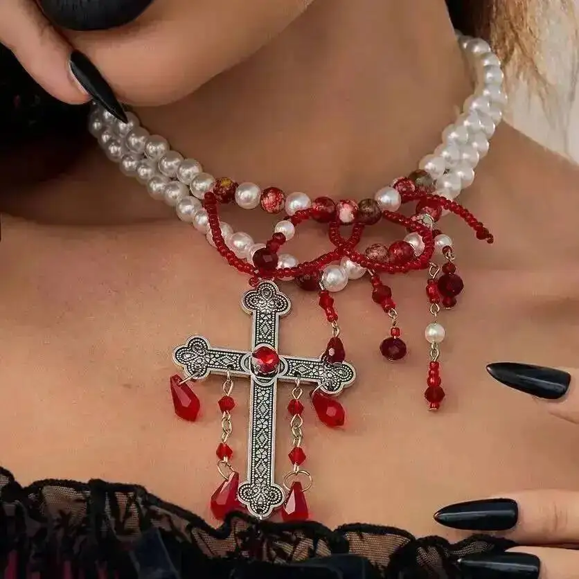 

IngeSight.Z Vintage Imitation Pearl Red Crystal Blood Drop Tassel Necklace Women Gothic Big Cross Pendant Halloween Jewelry Gift