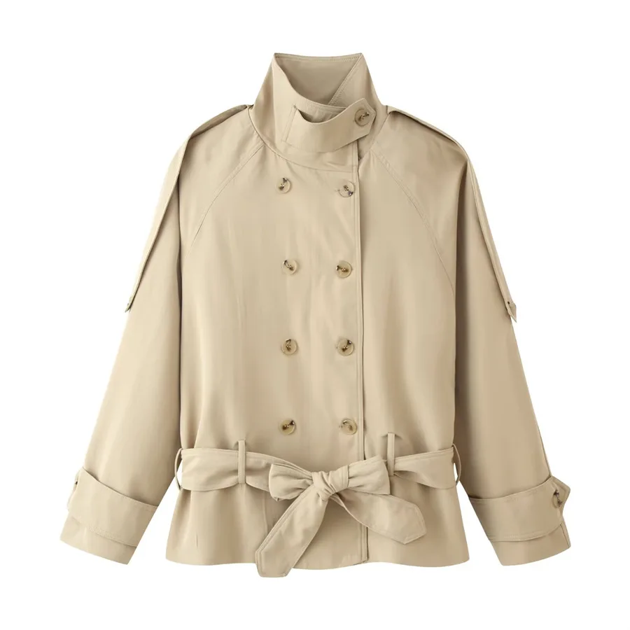 

Withered European And American Style Minimalist Stand Up Collar Double Row Buckle Waist Windbreaker Jacket Woman Clothes Tops