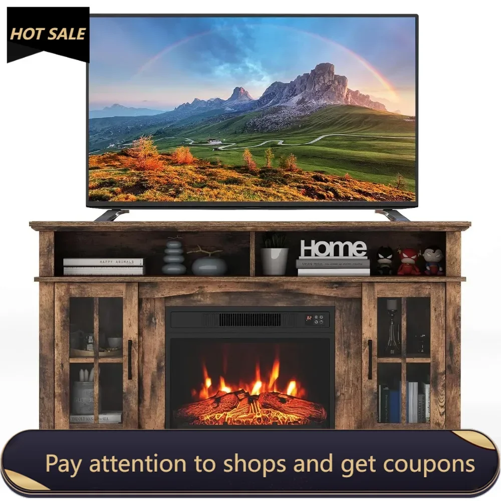 

Electric Fireplace TV Stand for TVs Up to 65 Inches, 1400W Heater Insert , 6H Timer, 3-Level Flame, Adjustable Shelves, Brown