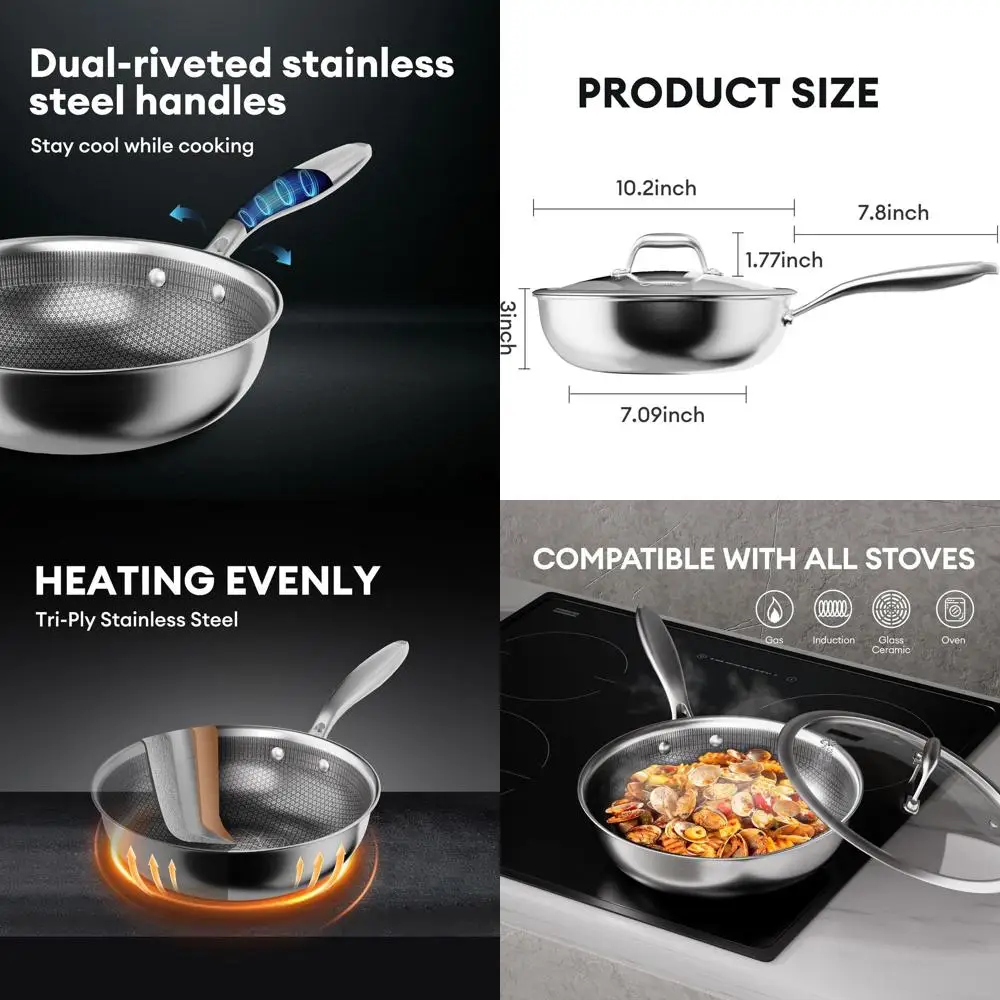 

10-Inch Professional Hybrid Nonstick Wok with Lid, Stainless Steel Stir-Fry Pan, Cool Handle, Dishwasher and Oven Safe, Suitable