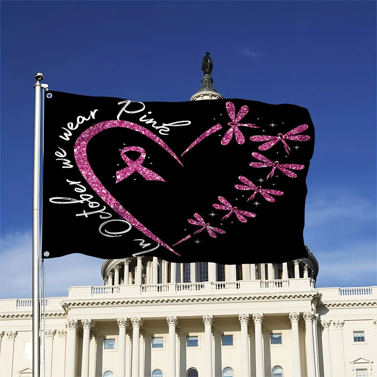 1pc Breast Cancer Awareness Flag Pink Butterfly Heart with In October We Wear Pink Text Durable Polyester Easy to Hang