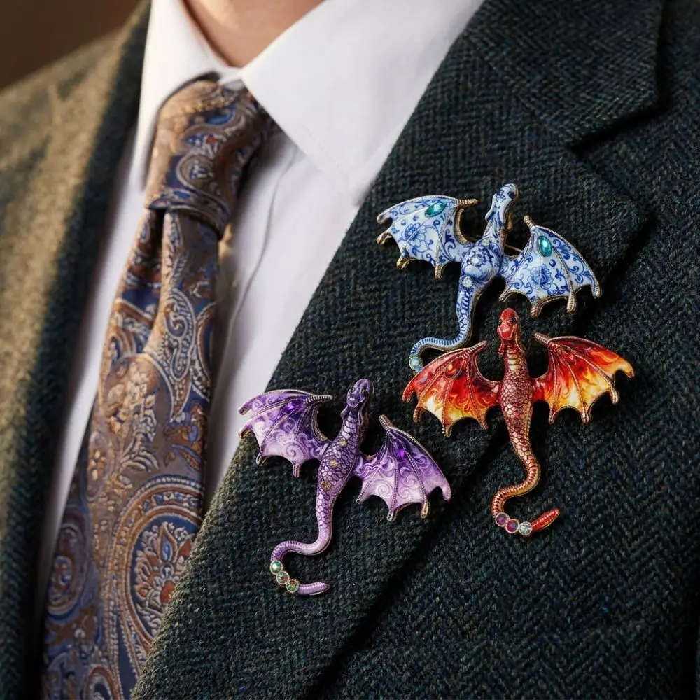 Zinc Alloy Enamel Flying Dragon Brooch Fantasy Dragon Colorful Rhinestone Animal Dragon Brooch Gothic Chinese Blue Porcelain