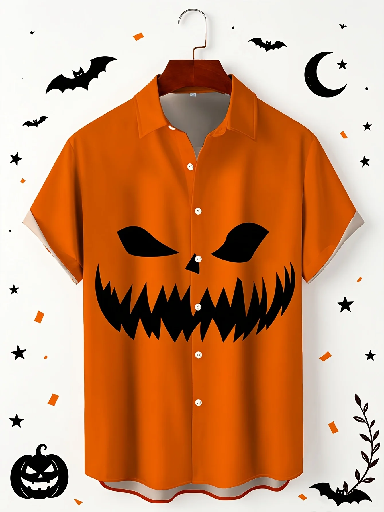 Men Orange Pumpkin Face Devil Smile Print Short Sleeve Shirt Lapel Collar Button‑Up Polyester Halloween Party Blouse