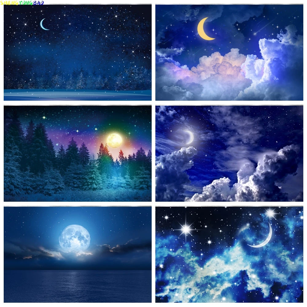 

Night Glittery Stars Sky Clouds Theme Photography Backgrounds Moon Landscape Newborn Child Tapestry Banner Portrait Prop Studio