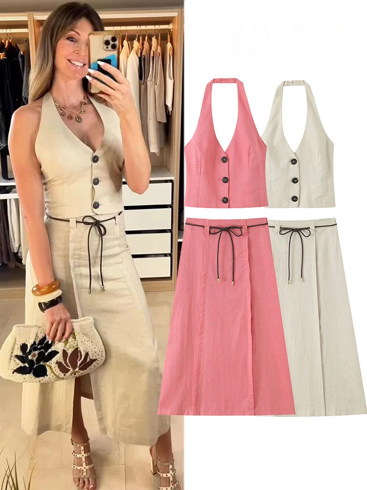 

HH Women's Fashion Simple Single Breasted Halter Neck 2-Color Sleeveless Top+Elegant High Waist Side Zipper Midi Skirt Suit