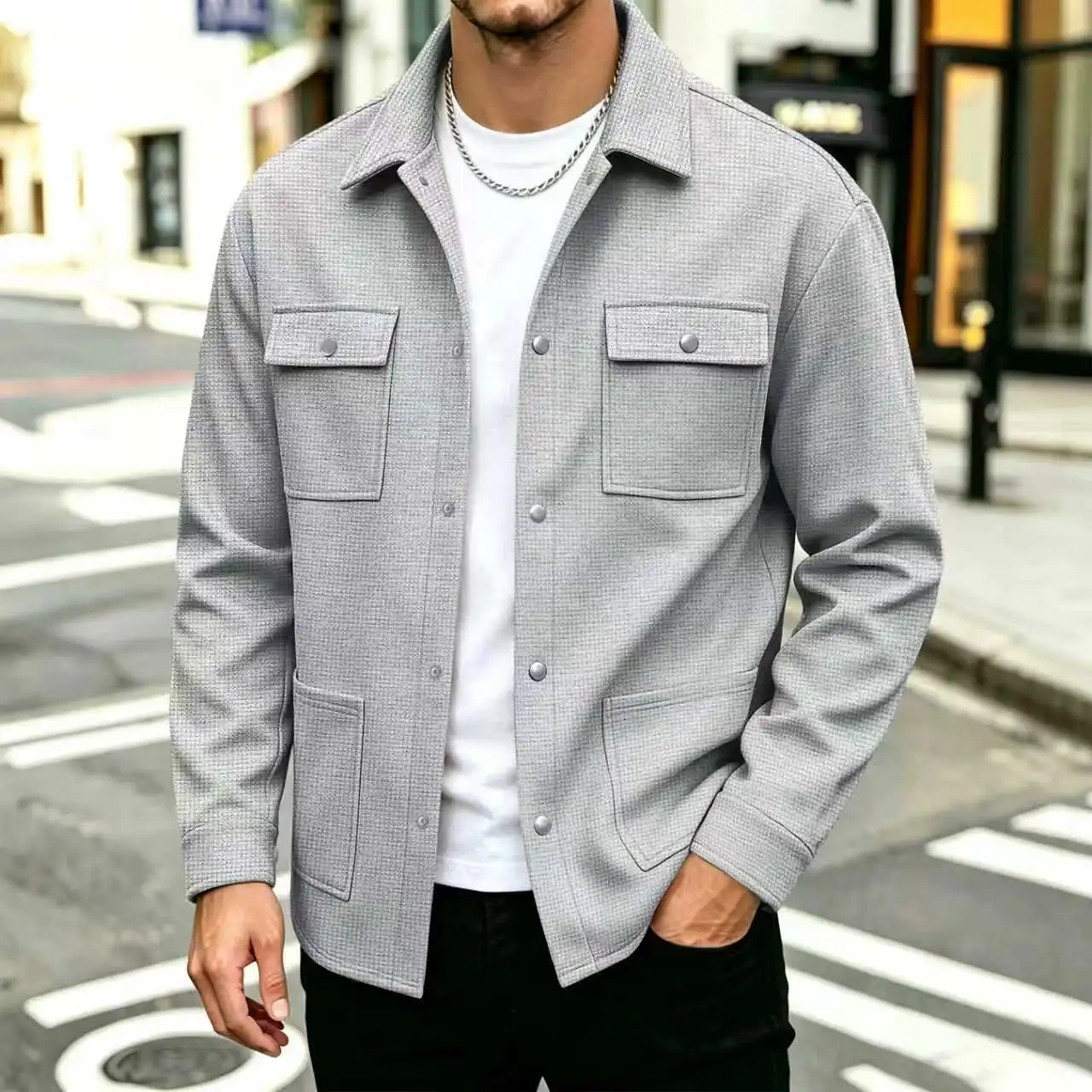 Men's waffle knit cardigan with a turned-down collar and metal buttons, multi-pocket casual shirt jacket, versatile daily casual