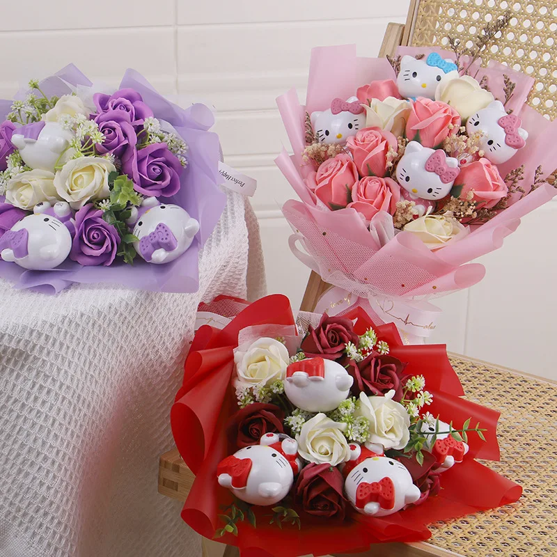 

Hello Kitty Cartoon Plush Bouquet Anime Rose Flowers Doll Home Wedding Decoration Christmas Valentine's Day Gift