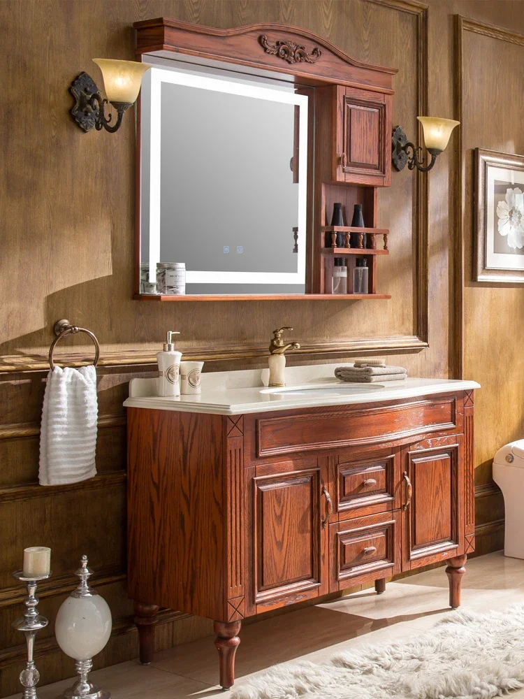 Red oak bathroom solid wood bathroom home improvement washbasin cabinet combination intelligent defogging mirror cabinet