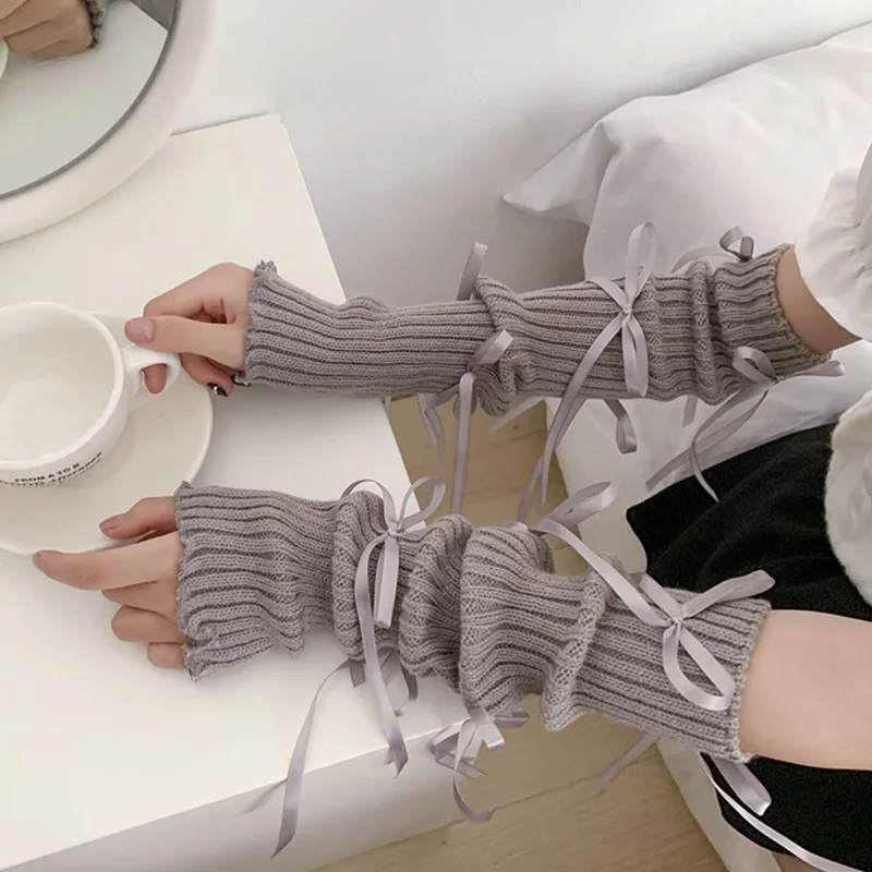 

Sweet Knitted Arm Warmers Long Sleeve korean Style Bow Knot Fingerless Gloves Harajuku Girls Gothic Lolita Accessories Mittens