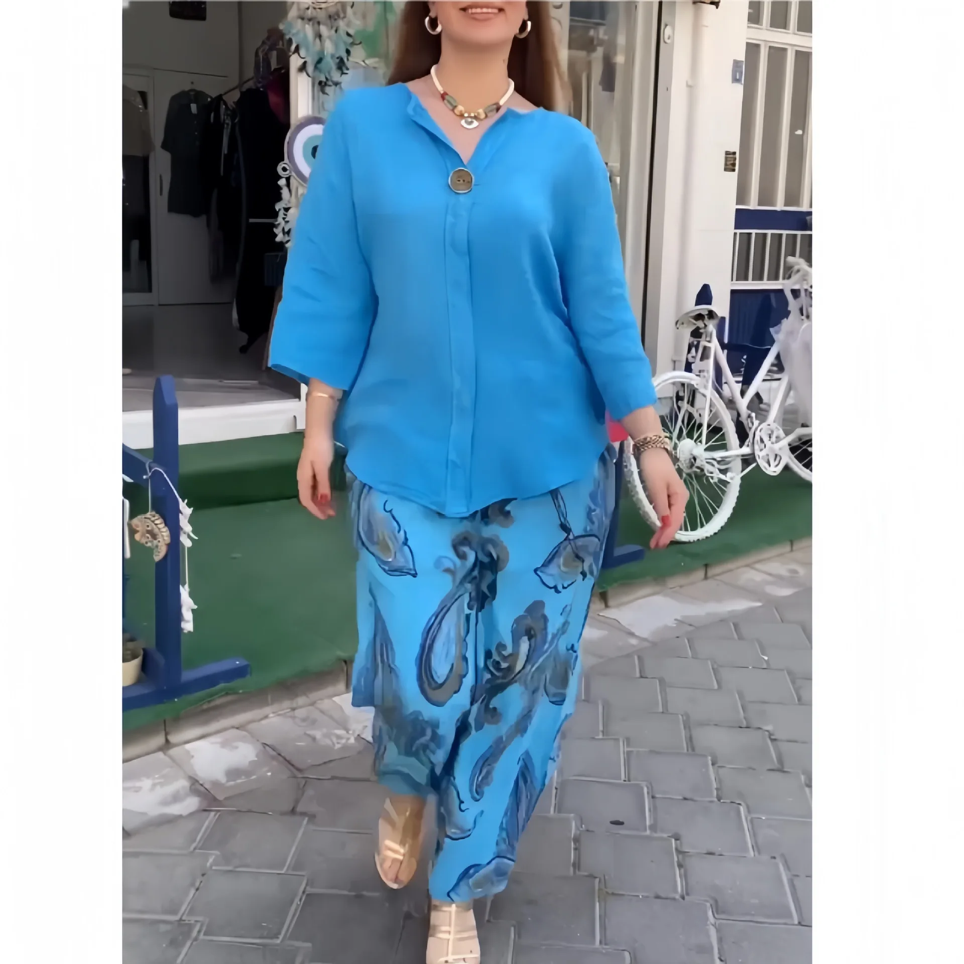 

Loose cotton and linen long-sleeved top casual printing straight-leg pants two-piece set fashionable simple and versatile temper