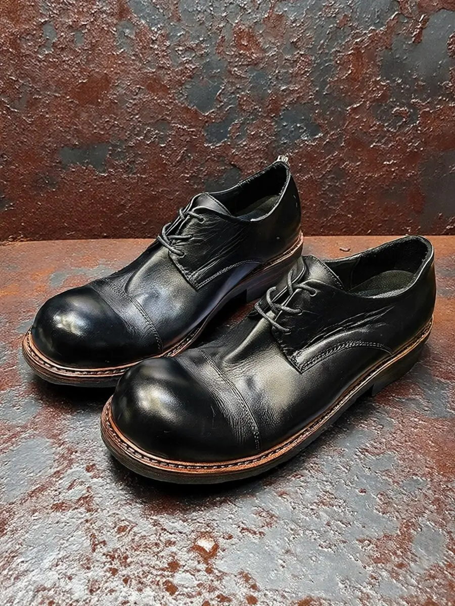 Retro British Casual Leather Low Top Big Head High-end Washed Horsehide Derby Men's Shoes
