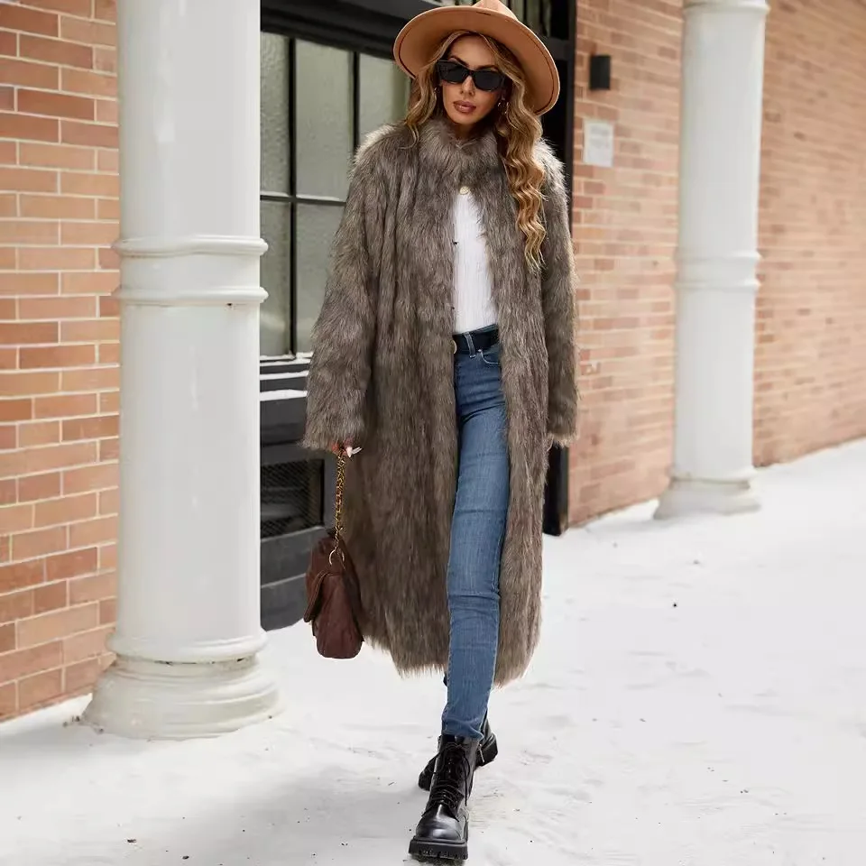 

Lapel Long Faux Fox Fur Coat Women Winter Fluffy Jacket Loose Warm Plush Fur Coat Long Sleeve Furry Overcoat Streetwear 2024 New