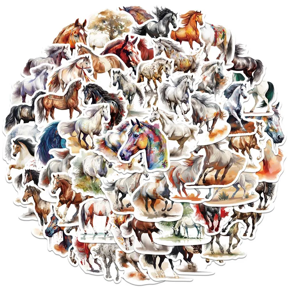 60pcs Aesthetic Cartoon Watercolor Animals Horses Stickers For Laptop Water Bottle Luggage Notebook Waterproof Graffiti Decals